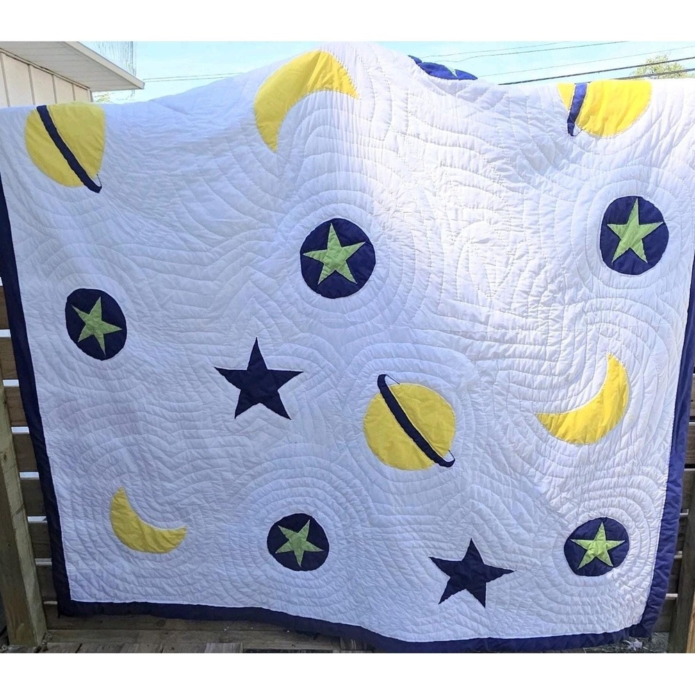 Handmade Bright Celestial Quilt Wholecloth Applique 84" x 86" READ DESCRIPTION